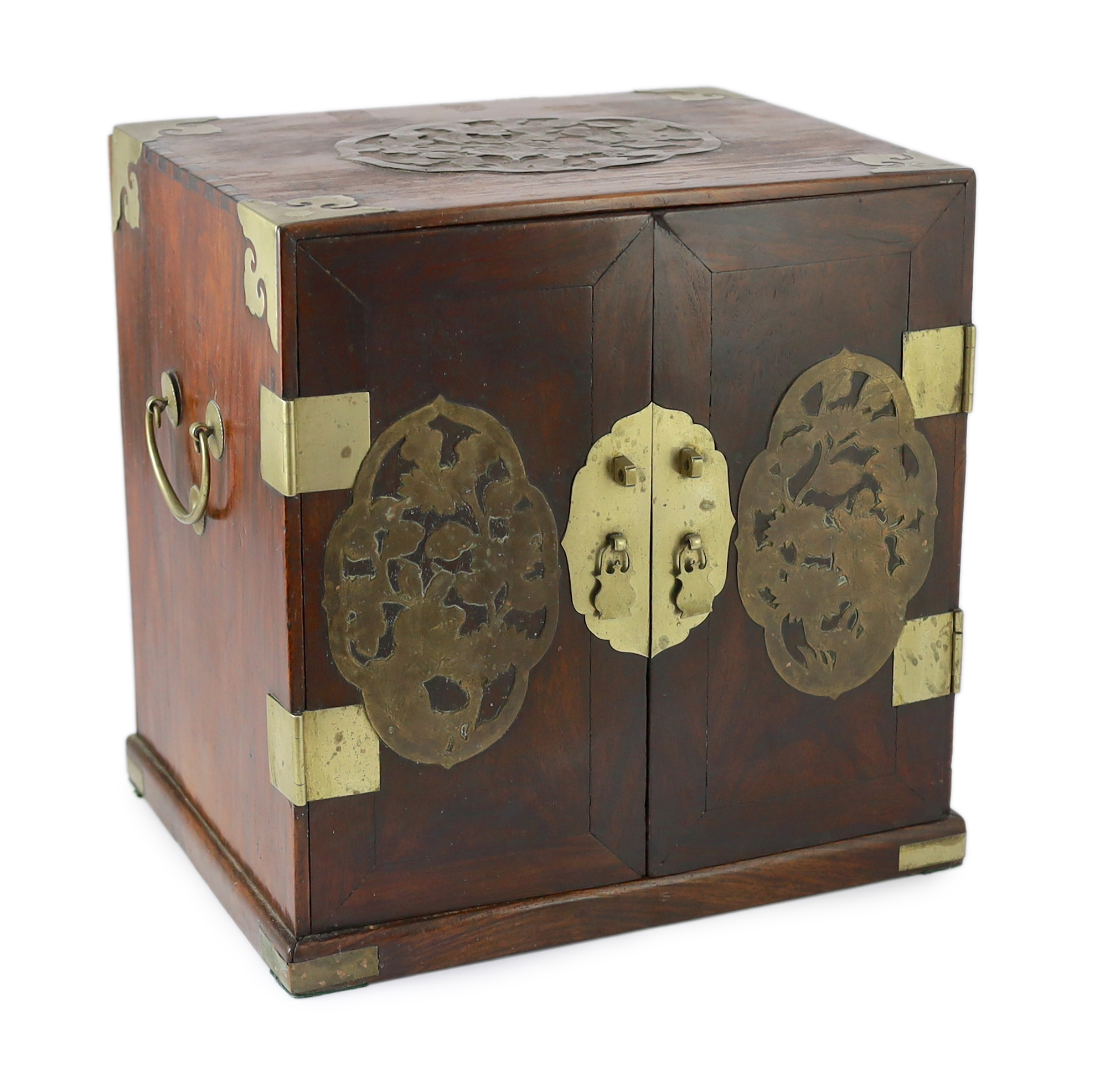 A Chinese brass mounted huanghuali and hardwood seal cabinet, Qing dynasty